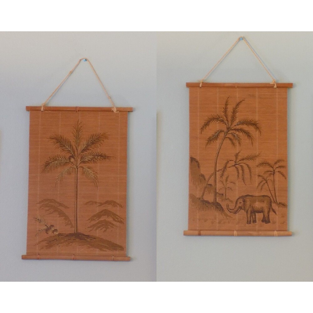 Wood Bamboo Scroll Lot Of 2 African Elephant/Landscape Scenery Wall Decor